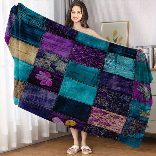 Extra Large Bath Sheet - Vintage Blue Purple Turquoise Golden Bath Towel, Soft Quick-Dry High Absorbency Microfiber Spa Beach Towel for Bathroom, Pool, Salon - Elegant Floral-like Grid Pattern in Deep Blues/Purples/Purples/Golds - Luxury Bath Gift for Wo