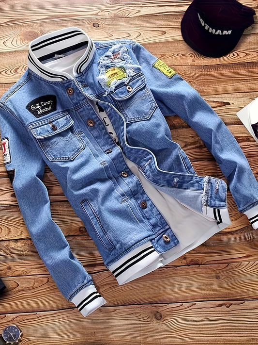 Men's Heavy-Duty Blue Denim Jacket with White Piping & Golden-Tone Buttons - Oversized Workwear Coat, Stand Collar, Chest Pocket, Machine Washable - Casual & Semi-Formal Outerwear (Jeans Jacket)