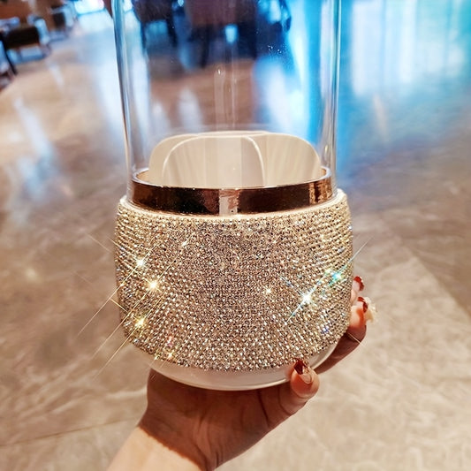 1pc Elegant Round Rotating Makeup Brush Holder with Sparkling Rhinestone Design - Dustproof Cosmetic & Lipstick Organizer, Freestanding Plastic Storage Box with Lid for Vanity Display, Makeup Brush Holder for Bathroo