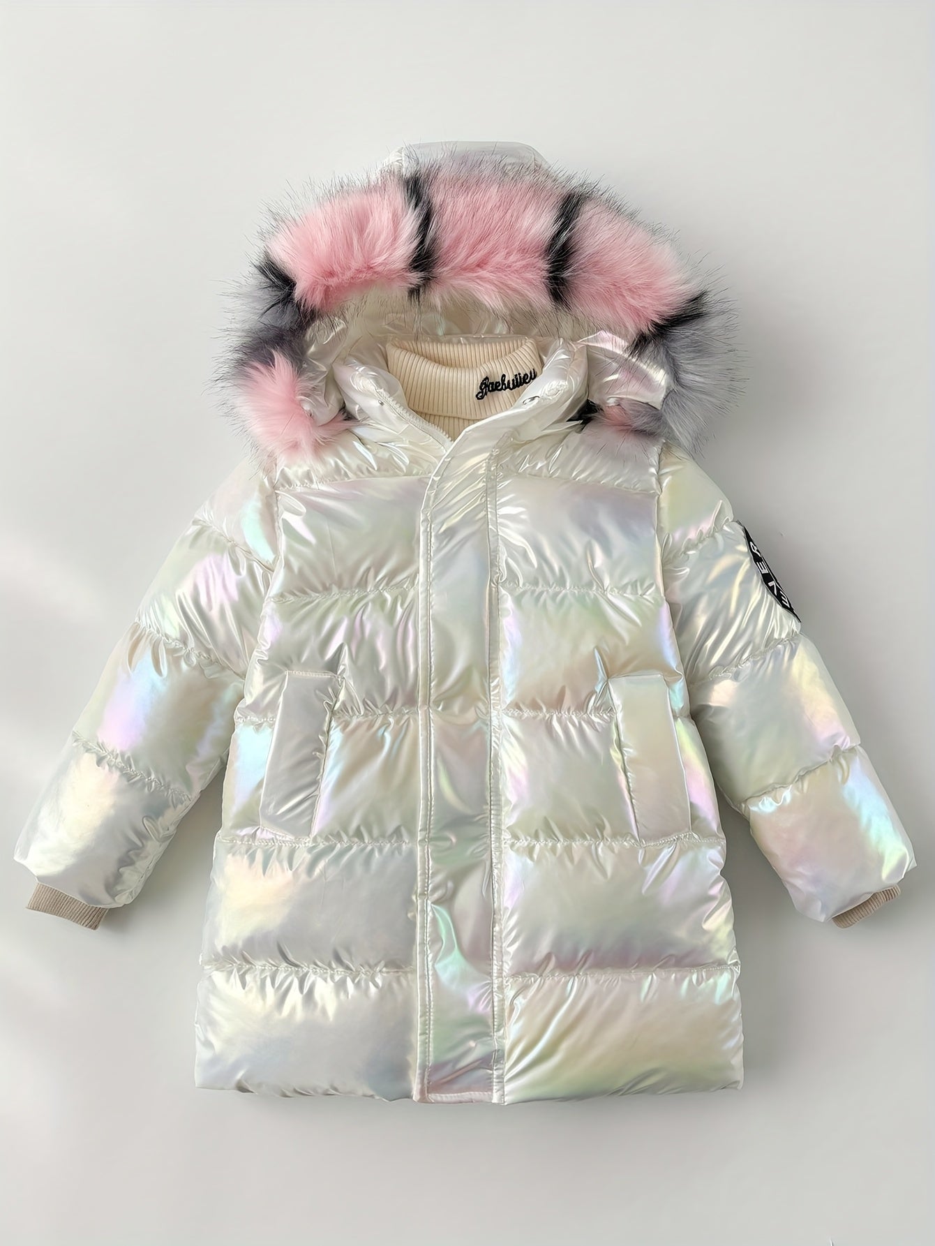 Girls' Long Coat, Ombre Hooded Winter Jacket, Casual Skinny Fit with Pockets, Medium Stretch Polyester 100%, Fall/Winter Fashion, Zipper Placket, Flared Hem, No Belt - Cozy Warm Coat, Thick