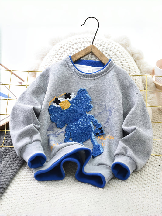 Cozy Boys' Blue Elf Cartoon Crewneck Sweatshirt - Long Sleeve, Cotton Blend, Detail, Casual Fall/Winter Top for Youngsters 4-14 Years