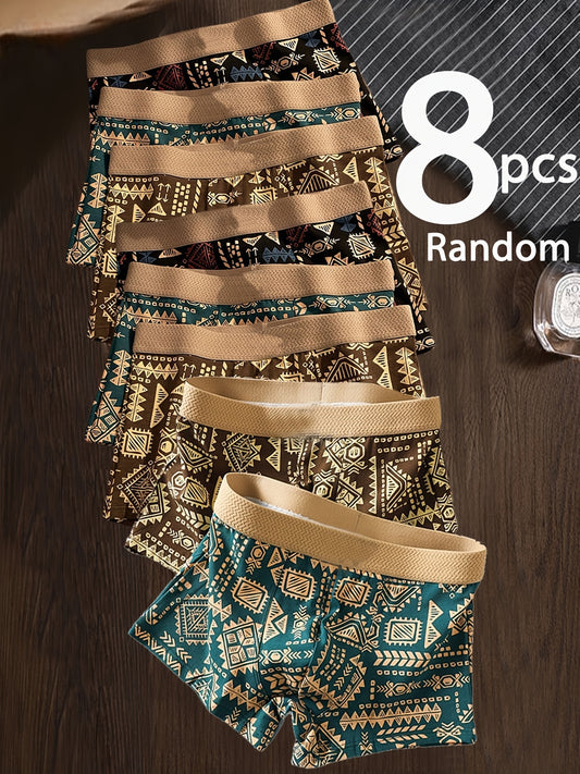 8-Pack Men's Boxer Briefs - Ethnic Tribal Print Retro Casual Underwear, Soft Stretchy Fabric, Machine Washable, Assorted Patterns (Teal/Black/Golden/Brown)
