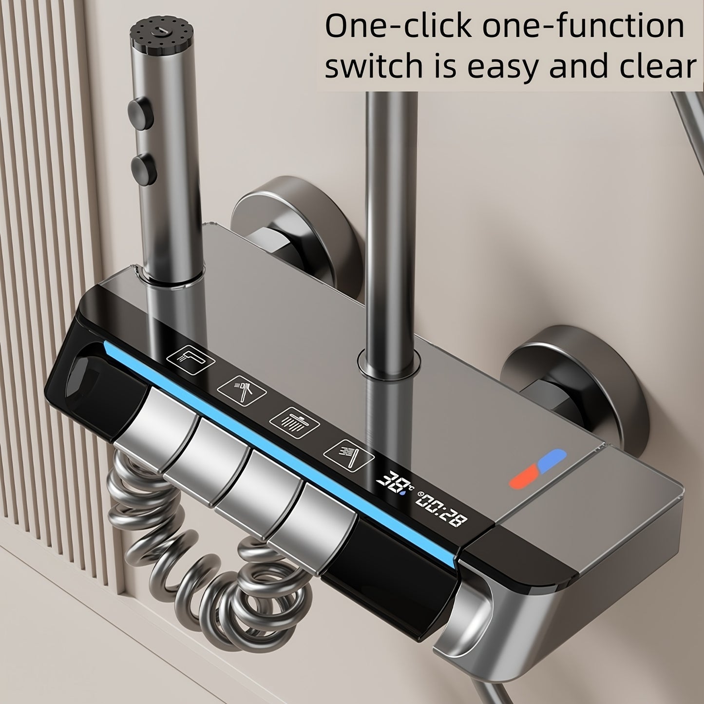 Luxury Digital Shower Set, Suitable for Home and Commercial Bathrooms, Easy to Install and Clean, Ambient Light Rainfall Head with Four Water Flow Outlets, Adjustable Pressure and Temperature, Enhanced Water Jet and Air Spray Experience, Ideal Bathroom R