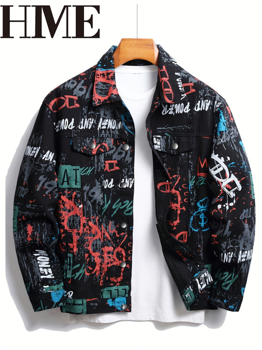 Korean Style Loose Graffiti Pure Cotton Men's Trendy Denim Jacket, Jeans Jacket for Men High Quality, Jeans Jacket, Jeans Jacket with Patches, Weekend Outfit, Everyday Jacket, Trendy Fashion, Loose Fit, Sturdy Construction, Durable Material, Men's Outerw
