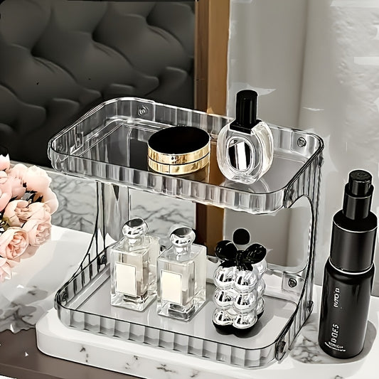 2-Tier Golden Acrylic Makeup Organizer Shelf - Transparent Plastic Bathroom Display for Cosmetics, Lipstick, Serums, Perfume & Skincare - Modern Two-Tier Storage Rack for Vanity or Bathroom Counter, Bathroom Decor And Accessories