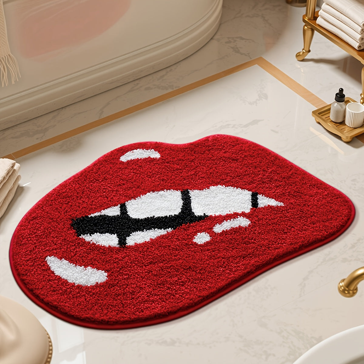 1pc DAJIANG Red Lip Bath Mat - Extra Soft Non-Slip Absorbent Bathroom Rug with Red Lips Design, Plush TPR Backing & Machine Washable - Valentine'S Gift for Women, Bathroom Decor, Playful Design, Home Decorators