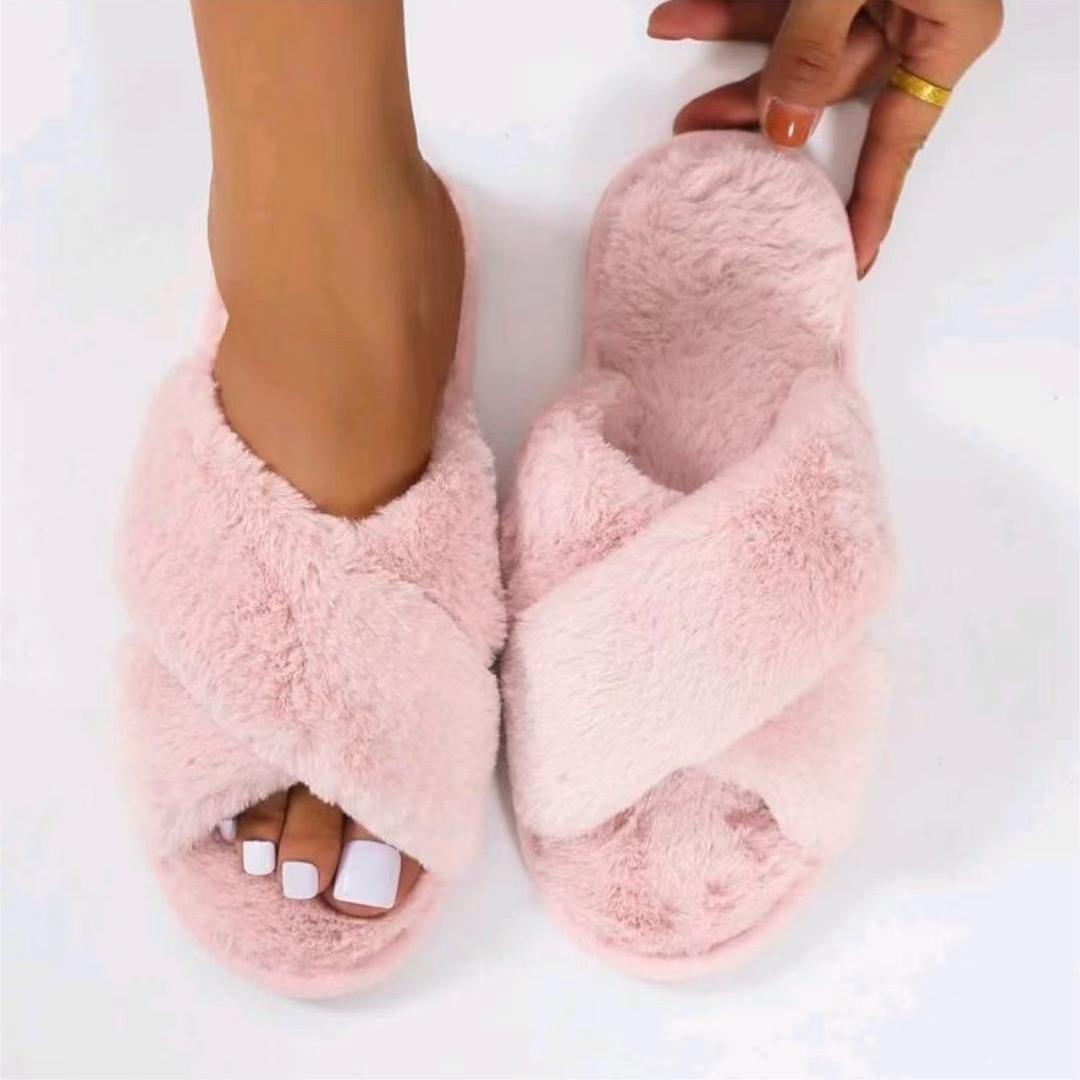 Cozy Crisscross Furry Slippers - Women's Warm Plush Fuzzy Flat Open Toe Home Shoes with Soft Comfy Insoles - Perfect for Lounging Around the House
