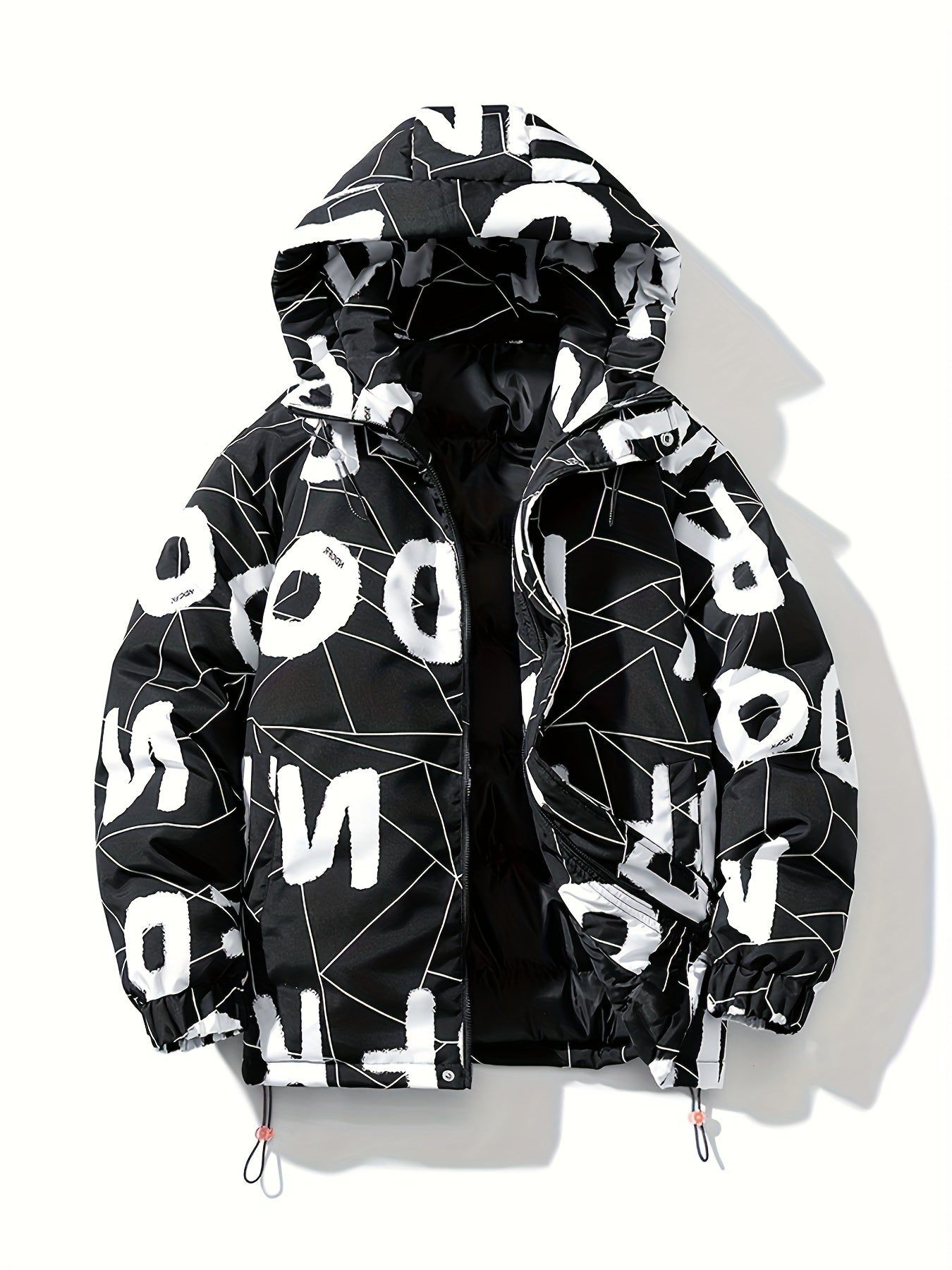 Men'S Heavyweight Hooded Jacket - Black with White Letter Pattern, Full-Zip Front Closure, Loose Fit Winter Coat for Cold Weather, Urban Streetwear Outerwear, Winter Jacket, Casual Outerwear, Durable Fabric, Long Sleeve Coat, Streetwear Lovers
