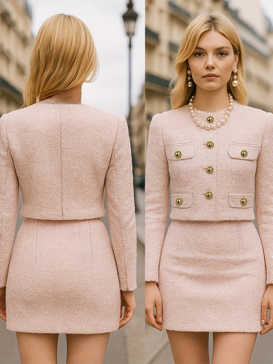 Women'S Elegant Blazer & Skirt Set - Chic Office to Party Outfit, Structured H-Line Silhouette, Non-Stretch Fabric, Button Front Closure, All-season Professional & Formal Attire For Women, Office Wear, Sophisticated Style, Stylish Ensemble