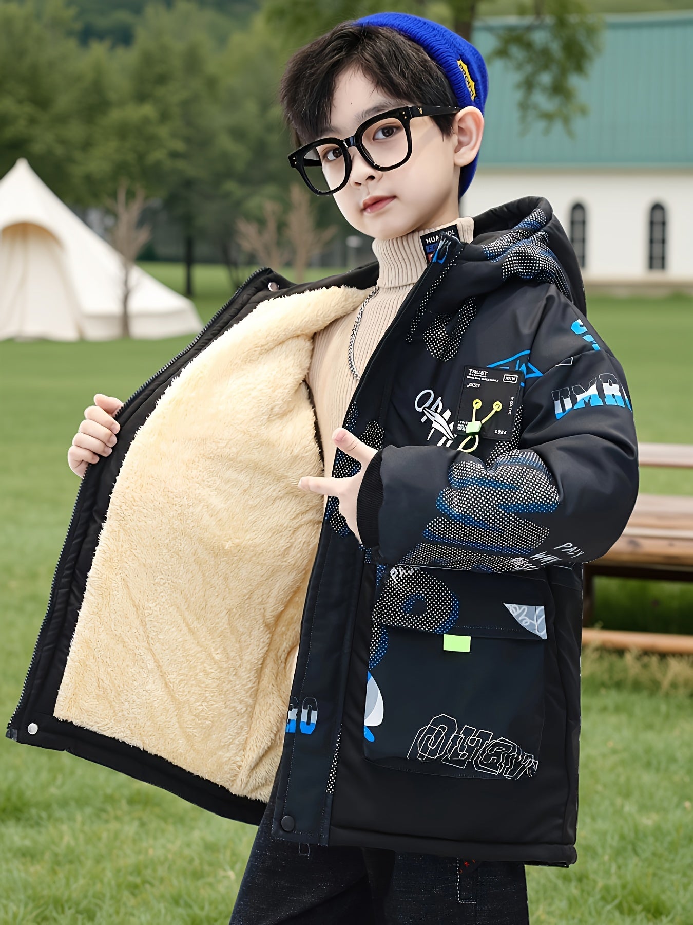 New Stylish Thickened Fleece Parka for Boys in Autumn And Winter, Featuring a Cool Hooded Design for Older Kids.