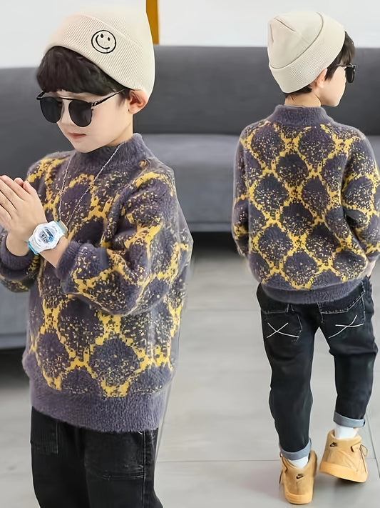 Boys' Cozy Faux Mink Fleece Sweater - Casual Pullover with Geometric Pattern, Perfect for Fall/Winter, 2024 New, Base Layer, Youngsters