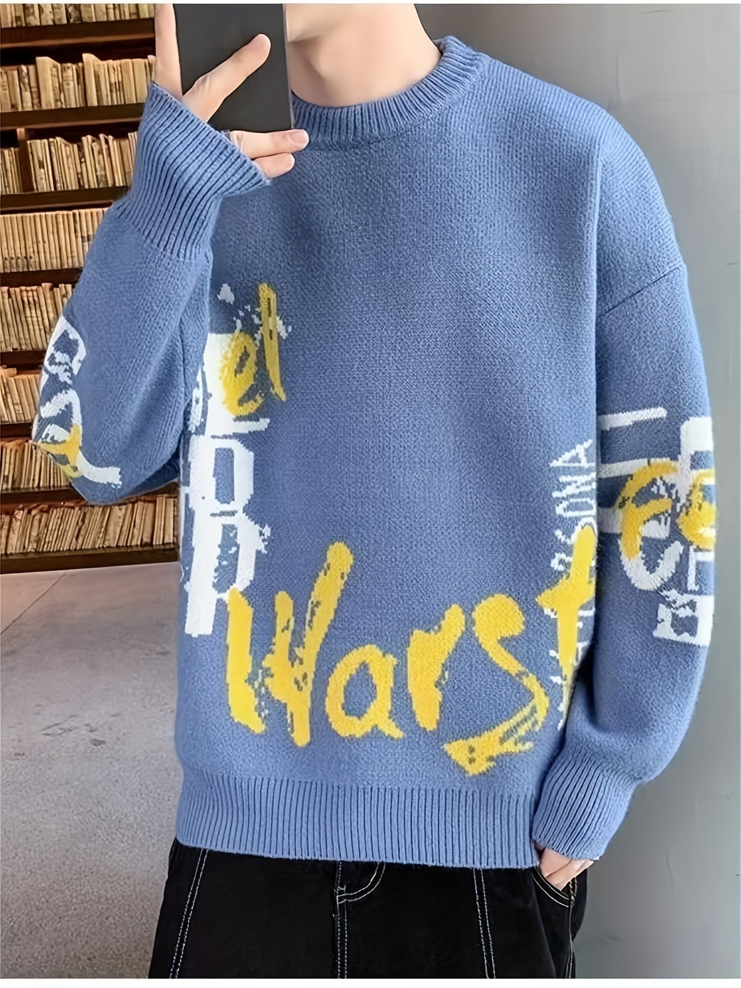 Men'S Sweater - Dark Grey & Yellow Letter Graphic Pullover, Relaxed Fit Long Sleeve Knit Sweater for Fall/Winter, Layering Essential Casual Formal Outfits - Ideal Gift for Men, Knit Sweater, Winter Clothing, Drop Shoulder Design, Comfortable Wear, Fall F
