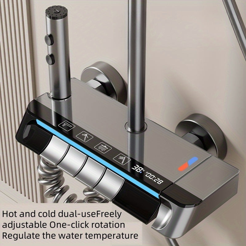 Luxury Digital Shower Set, Suitable for Home and Commercial Bathrooms, Easy to Install and Clean, Ambient Light Rainfall Head with Four Water Flow Outlets, Adjustable Pressure and Temperature, Enhanced Water Jet and Air Spray Experience, Ideal Bathroom R