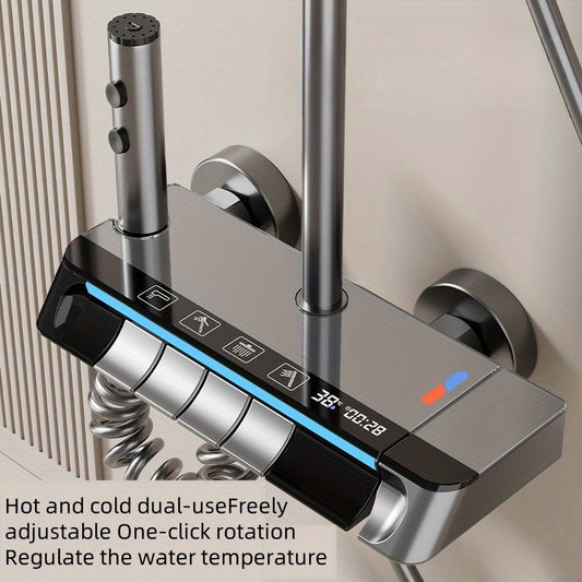 Luxury Digital Shower Set, Suitable for Home and Commercial Bathrooms, Easy to Install and Clean, Ambient Light Rainfall Head with Four Water Flow Outlets, Adjustable Pressure and Temperature, Enhanced Water Jet and Air Spray Experience, Ideal Bathroom R