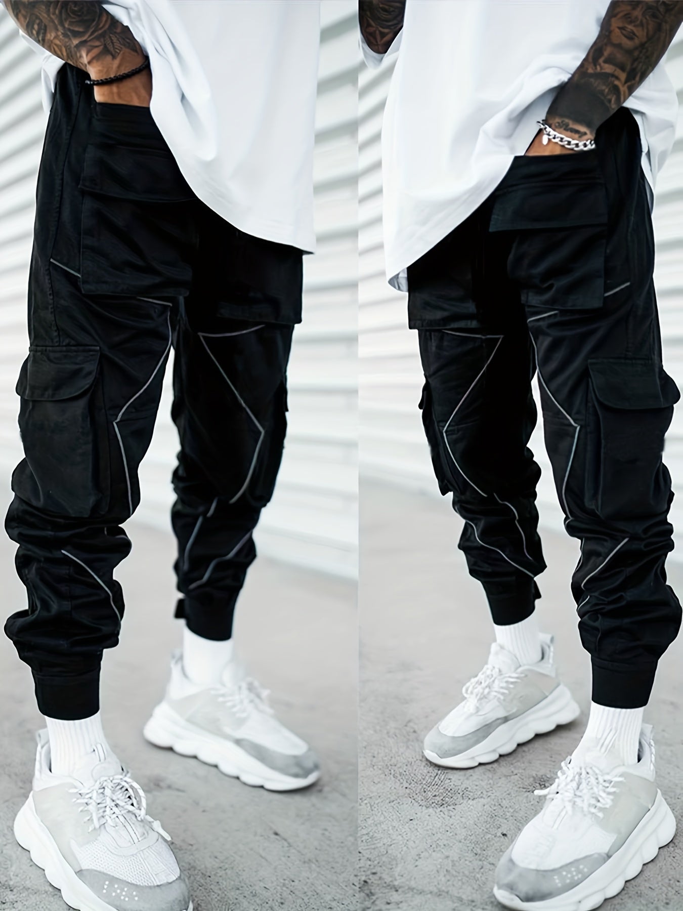 Stylish Multi-Pocket Cargo Pants for Men - Long Footed, Reflective Stripes, Climbing, Mountain, Outdoor Fitness - Comfortable, Breathable, Quick-Drying