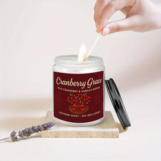 1pc Lavender Scented Candle with Red Berry & Leafy Accents - Soy Wax, 12+ Hour Burn Time, Perfect for Thanksgiving & Fall Home Decor, Ideal Gift for Friends & Family, Candle Holder Decor