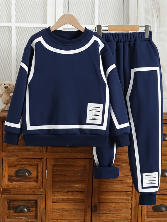 Boys' Casual Crew Neck Sweatshirt & Pants Set - Long Sleeve, Drop Shoulder, Letter Print, Regular Fit with Pockets, Perfect for Spring/Fall, Casual Wear|Casual Style|Pocketed Pants, for Outdoor, Sports Suit For Boy, Boys Training Suit, Suits For Boys In