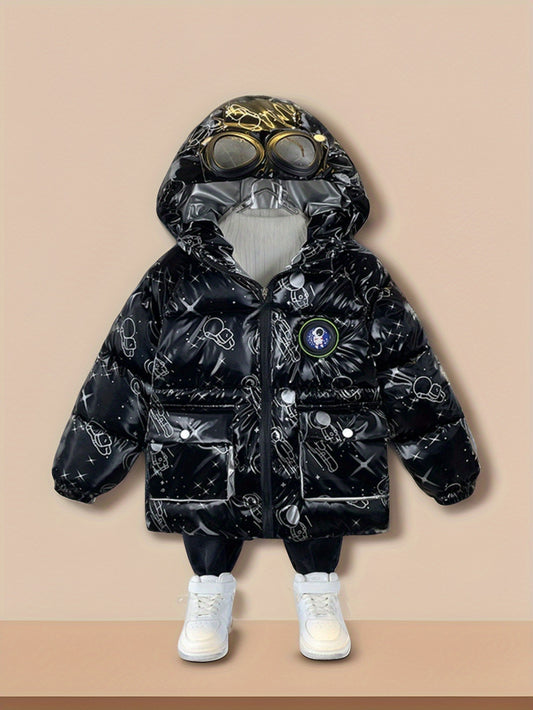 Space Astronaut Boys' Warm Jacket Winter Coat for Kids, Mid-Length Fleece-Lined Hooded Outerwear for Boys and Girls, Thickened Polyester Windproof Fashionable Versatile Trendy Winter Jacket for Students and Teens