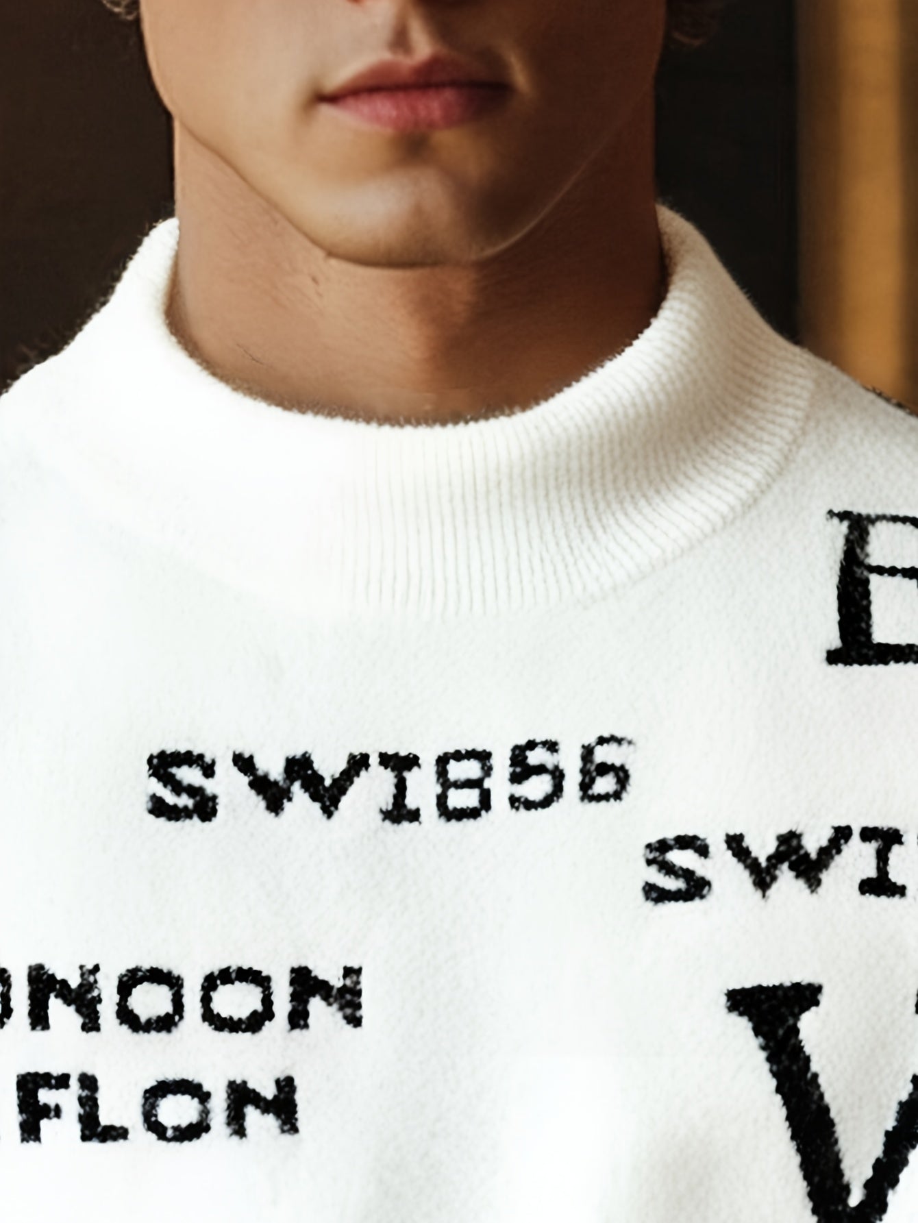 Men's Slim-Fit Winter Sweater - Thick Warm Long Sleeve Round Neck Cable--like Texture (No-Sew) Letter Print (R/Ø/D/N) Turquoise & White Color-Block - Soft Beige-Friendly Business Casual Jacket Coat for Cold Weather