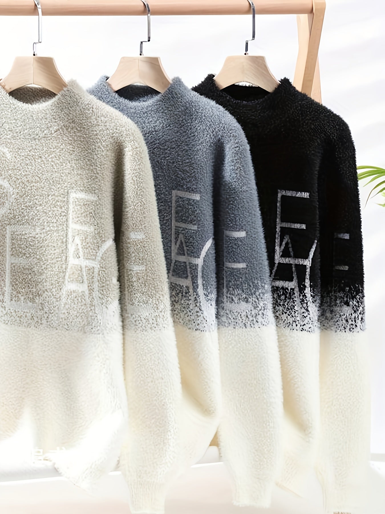 1pc Men's Heavy-Duty Winter Knit Sweater - Soft Warm Grey/Beige/ Color Block with SEA Letter Print, Round Neck Long Sleeve Casual Pullover, Machine Washable Cozy Sweaters for & Young Men (Fall & Winter Layering)