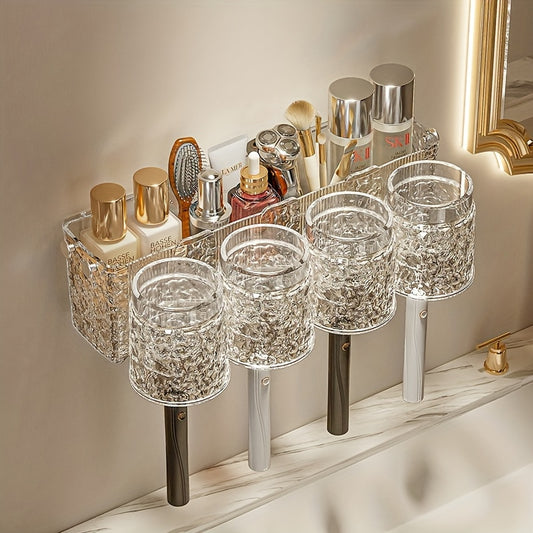 Toothbrush Holder for Four - Person Family, with Four Rinsing Cups, Black & Transparent White, Drill - Free Bathroom Storage Rack, Toothbrush Holders for Bathroom, Wall Mounted Toothbrush And Toothpaste Holder, Bathroom Toothbrush Organizer, Toothpaste A