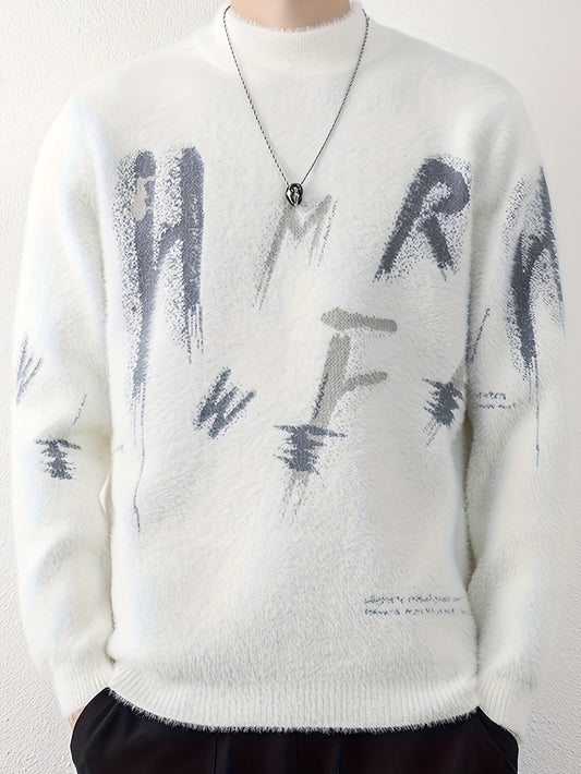 SENMEIGUO Men's Slim Fit Thick Knit Sweater - White with Black Brushstroke Letter Design, Round Neck Long Sleeve Thermal Base Layer for Autumn Winter Casual Wear, Winter Sweater, Modern Knitwear, Textured Fabric