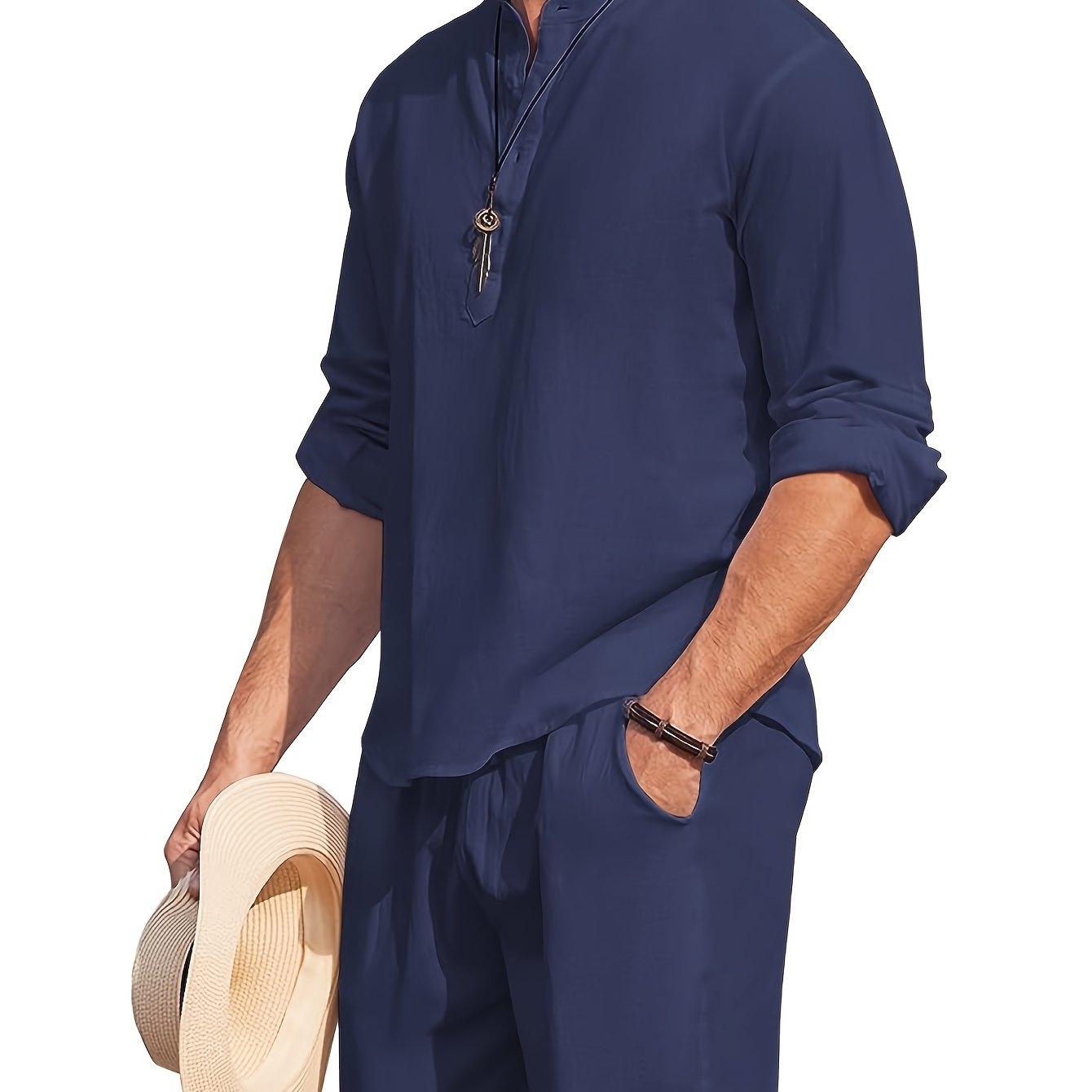 Men's Linen Blend Retro Henley Shirt Long Sleeve T-shirt Tee, Casual Comfy Shirts For Men Spring Summer Autumn, Men's Clothing Tops For Beach Yoga