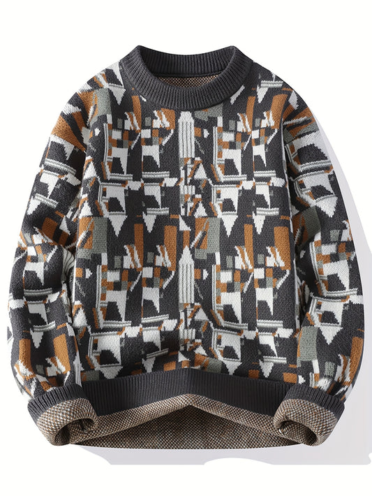 Men'S Cozy Geometric Cable Knit Sweater - Warm Crew Neck Pullover with Brown, White & Black Patterns, Long Sleeves, Perfect for Fall & Winter, Winter Clothing | Cable Knit Sweater | Knit Construction, Sweater Vest