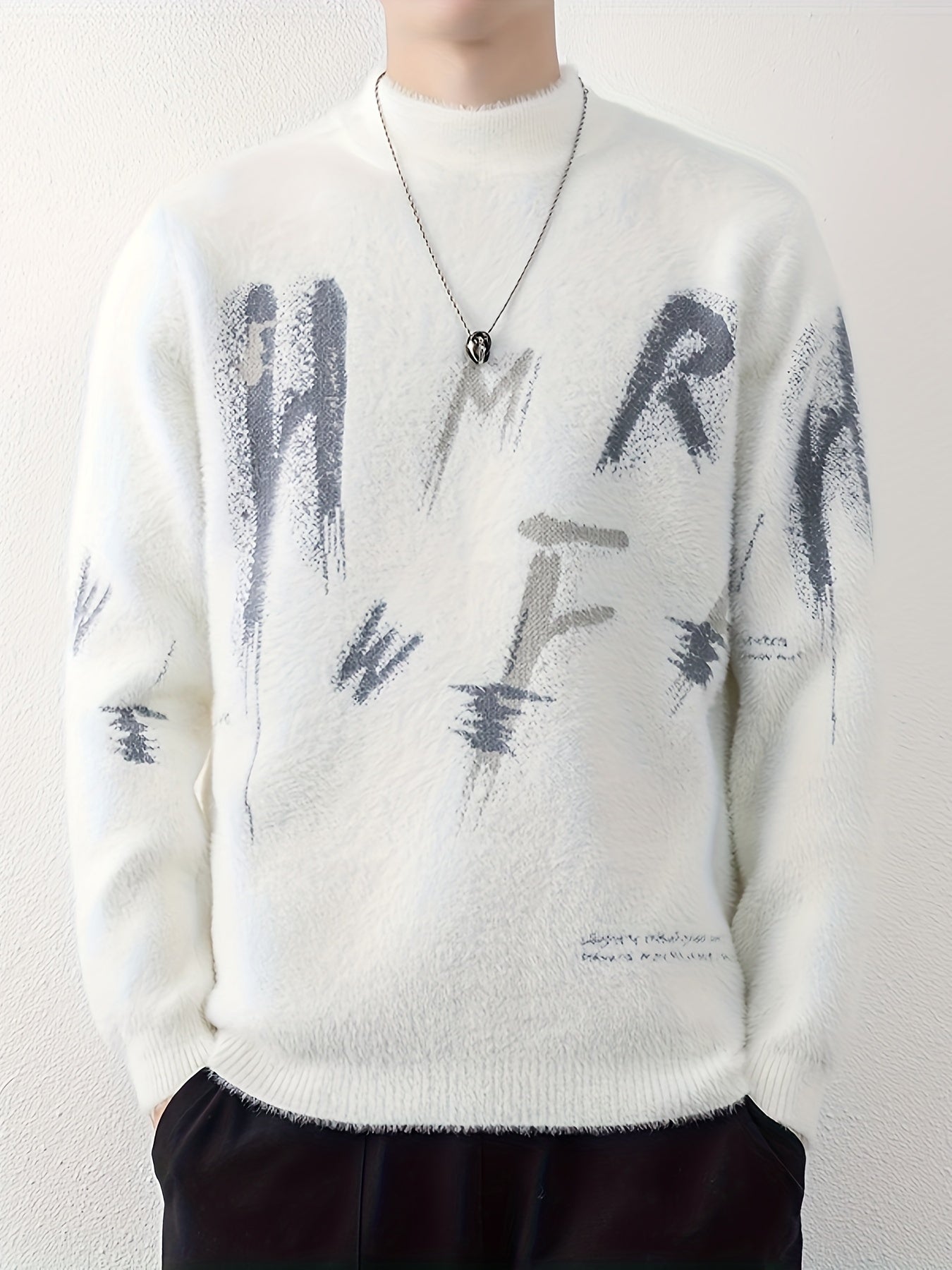 SENMEIGUO Men's Slim Fit Thick Knit Sweater - White with Black Brushstroke Letter Design, Round Neck Long Sleeve Thermal Base Layer for Autumn Winter Casual Wear, Winter Sweater, Modern Knitwear, Textured Fabric