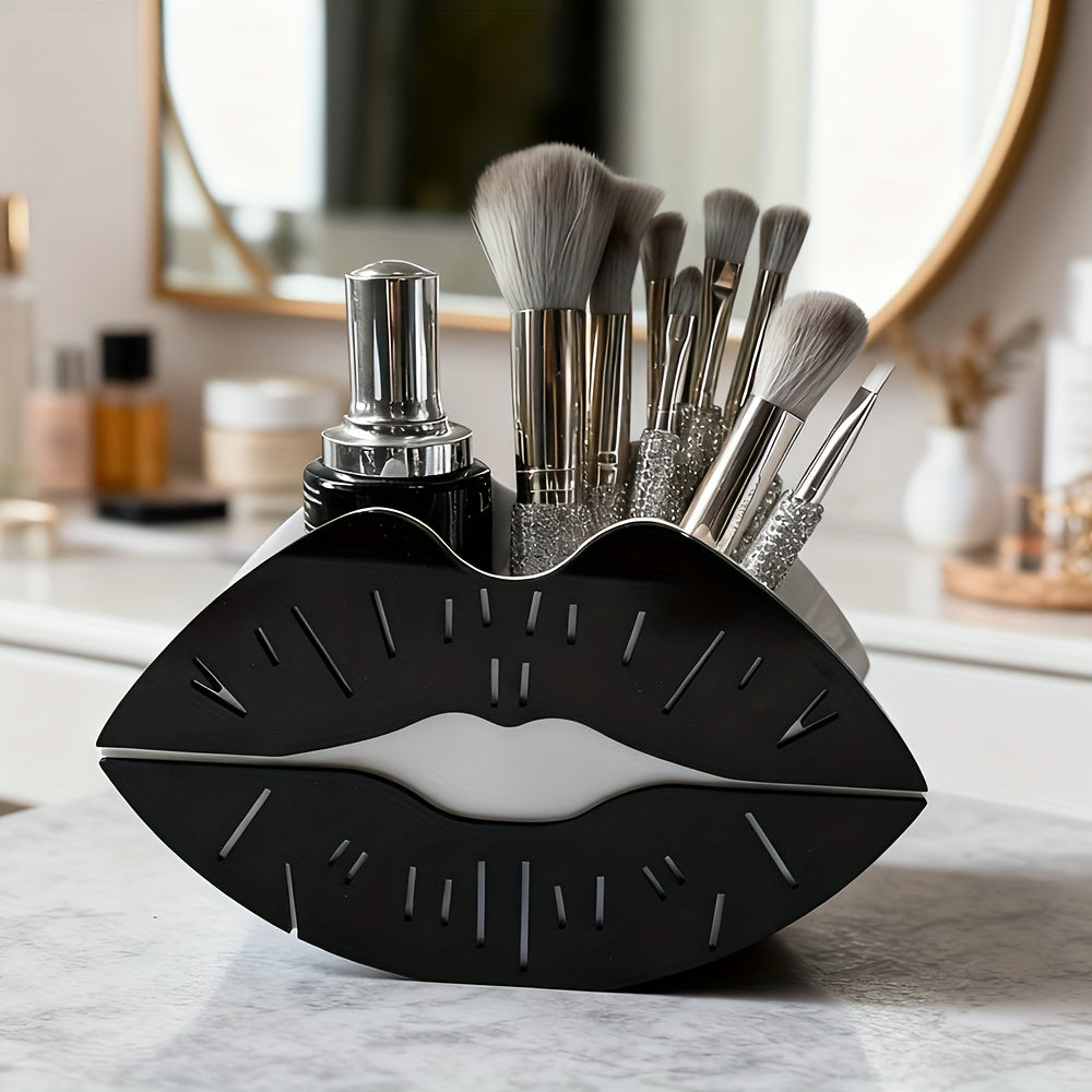 1pc Black Lip-Shaped Makeup Organizer - Lightweight Plastic Cosmetic Storage Box with Multiple Compartments, Ideal Mother'S Day Gift, Vanity Storage Solution|Sleek Black Finish|Functional Design, Makeup Brushes