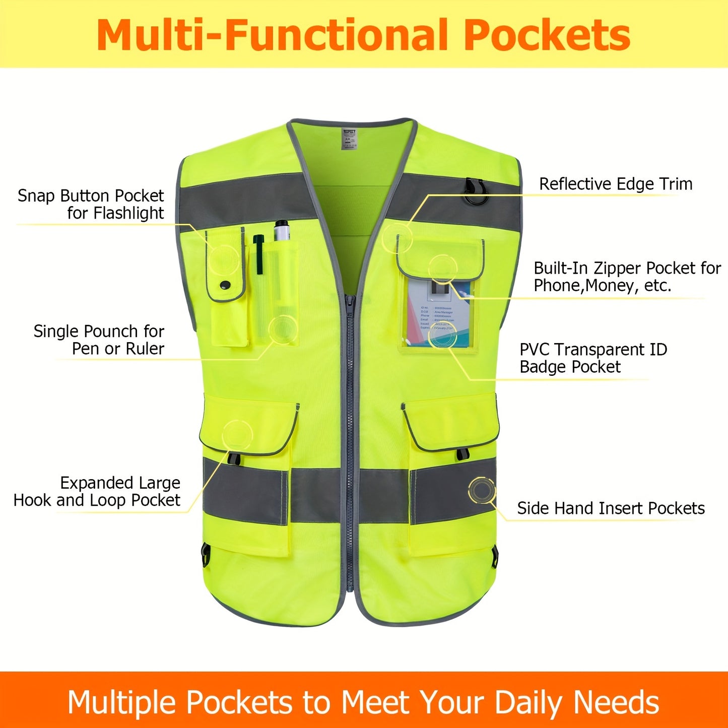 High Visibility Safety Vest with 9 Pockets for Men and Women - Premium 120g Fabric with Reinforced Sewing - Ideal for Construction, Surveyors, Drivers, and Warehouse Workers - Meets ANSI/ISEA Standards - Yellow