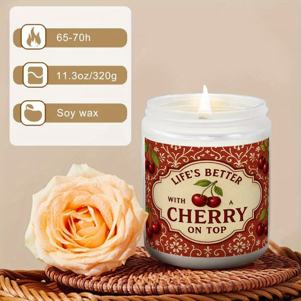 1pc Soy Wax Candle with Cherry & Bow Design - Long-Lasting 12+ Hour Burn Time, Glass Jar with Lid, Farmhouse Decor for Home, Birthday, Valentine'S Day, Christmas, Anniversary Gift for Women, Girlfriend, Wife, Mom, Cute Aesthetic Home Accent, Candle Holde
