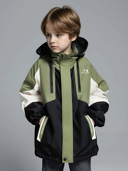 Boys' Heavyweight Jacket with Detachable Hood - 3-in-1 All-Season Winter Coat, Long Sleeve & Letter Print, Zipper Closure, Polyester Lining, Pockets for Hiking & Outdoor Activities, Hiking Gear, Casual Outerwear, Durable Coat, Thick