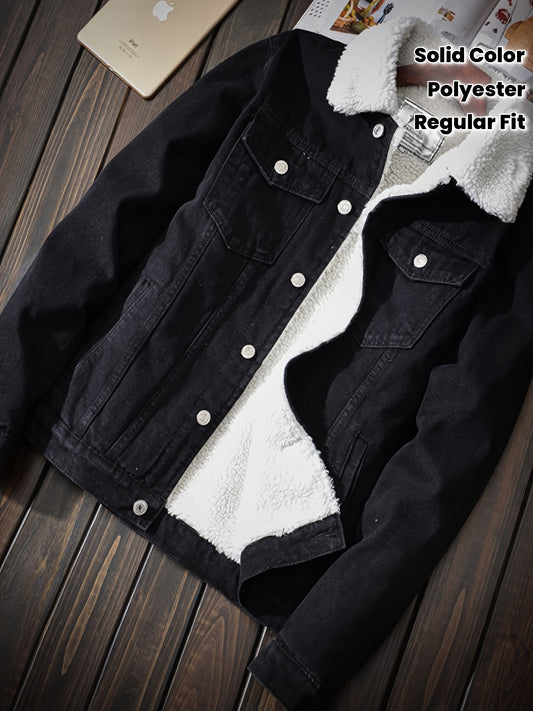 Men'S Casual Vintage Denim Jacket, Thickened Warm Coat, Long Sleeve Regular Fit, Solid Color, Single-Breasted Open Front, with Fleece Lining, Polyester Lining