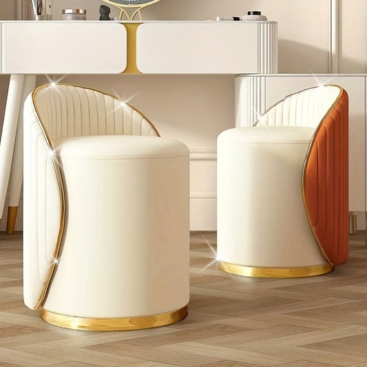 Luxurious Lightweight Vanity Stool with Golden Accents - Elegant White and Beige Upholstered, Round, Swivel Stool with High Backrest for Beauty and Nail Salons, Modern Home Decor, Beauty Stool|Elegant Stool Design|Wooden Base Stool