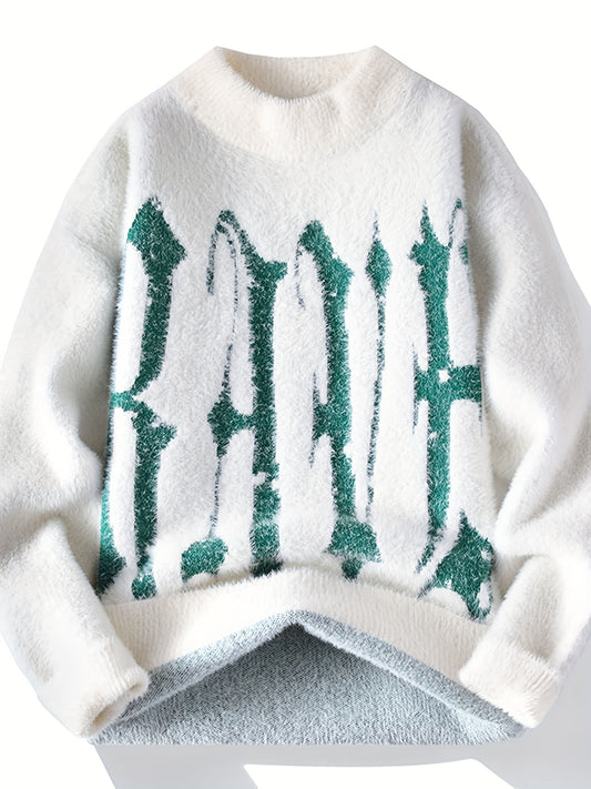 Men'S Cozy Fleece-Lined Knit Sweater - "RANIF" Graphic, Long Sleeve, Crew Neck, Casual Pullover for Fall/Winter, with Green Lettering, Comfortable and Stylish, Winter Clothing | Graphic Sweater | Nylon Knitwear