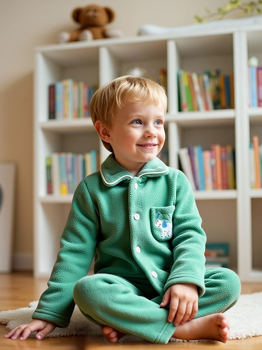 Boys' 2pcs Fall/Winter Warm Flannel Pajama Set, Open Chest Lapel Long Sleeve Top and Pants with Pockets, Green Embroidered Cartoon Elephant Pattern, Soft Comfortable Moisture-Wicking Polyester Fabric, Machine Washable, for 4-7 Years Old Boys