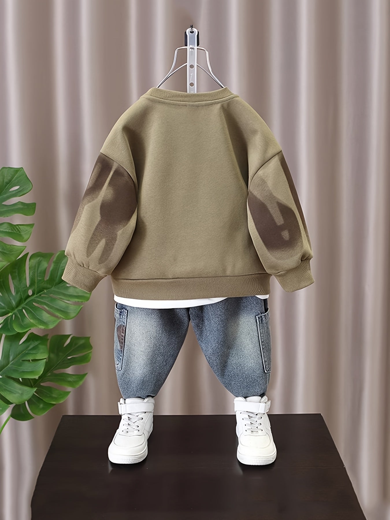 Boys' Trendy 2pcs Set | Faux Layered Crewneck Pullover with "BRO" Graphic + Light Wash Faux Denim | Cool Spring/Fall Outfit, Perfect for Outdoor