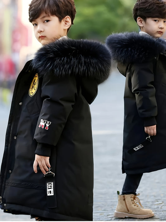 Boys' Long Winter Parka with Detachable Hood - Warm & Windproof Polyester Jacket, Green with Faux Fur Trim, Zip-Up Front, Multiple Pockets, Casual Outdoor Coat for Youngsters