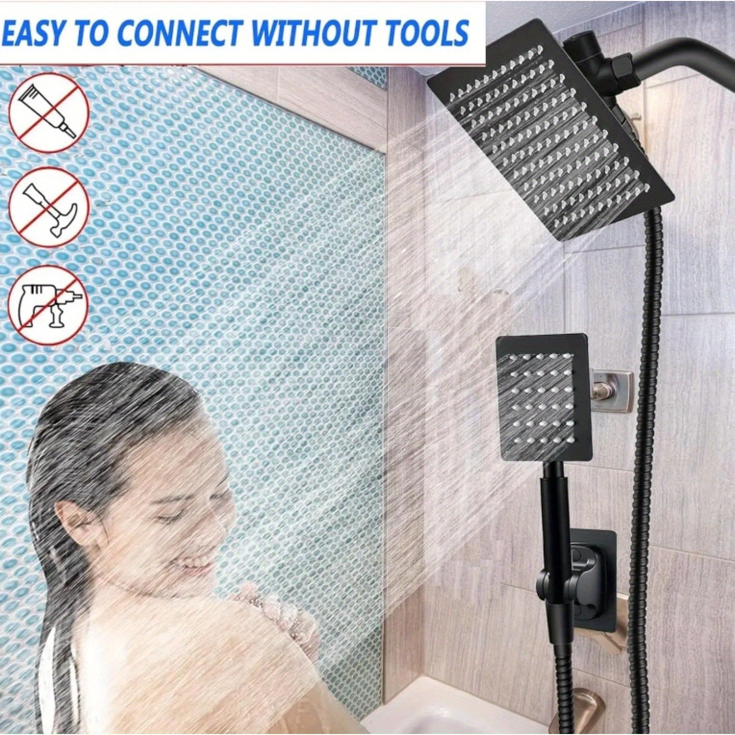 1 set 20.32 cm High Pressure Square Rain Shower Head with Handheld Combo, 3-Way Diverter, Equipped with All Metal Hand Shower, with 149.86cm Extra Long Hose and Adhesive Holder