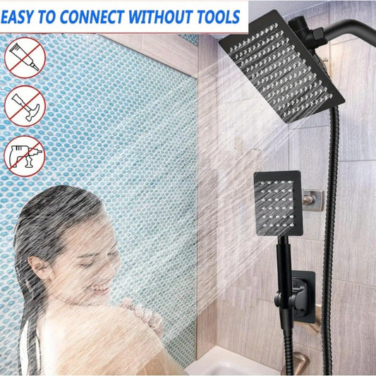 1 set 20.32 cm High Pressure Square Rain Shower Head with Handheld Combo, 3-Way Diverter, Equipped with All Metal Hand Shower, with 149.86cm Extra Long Hose and Adhesive Holder