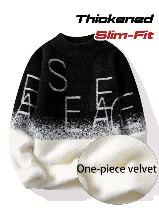 SENMEIGUO Men'S Casual Round Neck Sweater, Thickened Warmth, Fashionable Trendy Pullover Knitwear, Long Sleeve, Letter Pattern, Slim Fit, Knitted Fabric, for Autumn/Winter