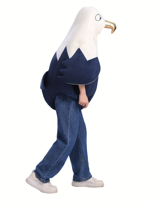 Youngsters' White-Headed Eagle Hooded Outfit - Plush Fleece & Polyester Blend, Loose Fit with Wings & Tail, Perfect for Parties, School Events, Creative Play & Holiday Dress-Up, Youngsters Outfit, School Event Attire, Playful Animal Design, Soft Fabric O