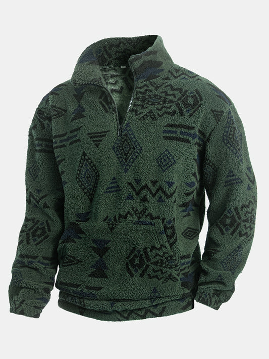Men's Loose Fleece Ethnic Graphic Print Sweatshirt, Casual Half Zipper Stand Collar Long Sleeve Top For Outdoor