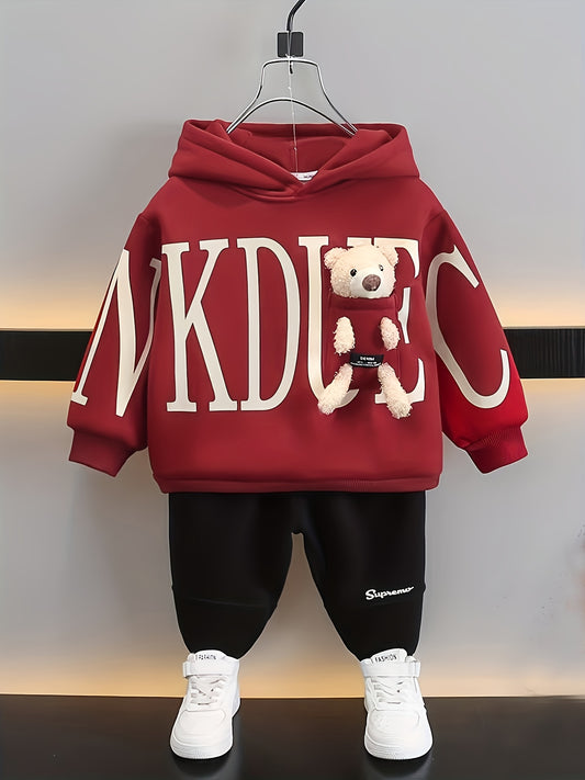 Two-piece set for boys, hooded fleece red sweatshirt with cartoon 3D bear decoration and long thin fleece pants for kids, Perfect for Outdoor