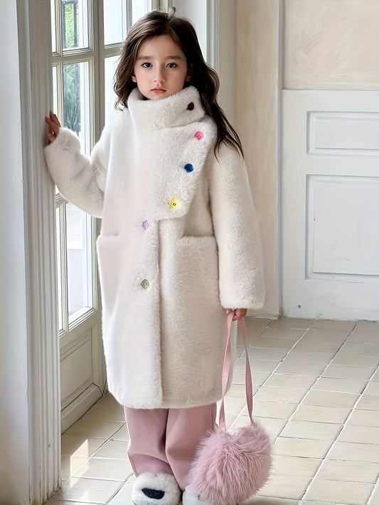 SHANYANANER Girls' Elegant Faux Fur Coat - High Neck Long Sleeve Winter Coat with Asymmetrical Hem & Button Front, Thick Warm Korean Style Outerwear for Kids, Hiking & Casual Outings, Solid Color, Hiking Apparel, Sophisticated Design, Durable Kids Wear