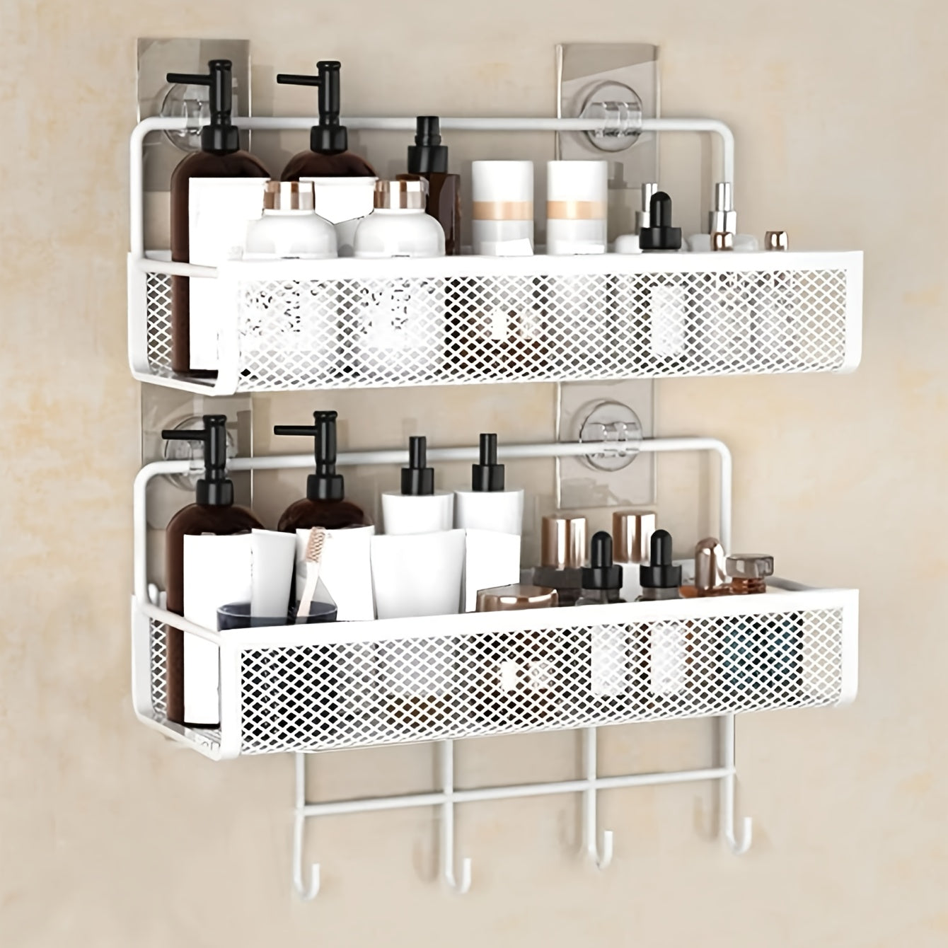 1pc White Iron Bathroom Wall-Mounted Storage Shelf with Adjustable Shelves & Suction Cup Hooks - No Drill Installation, Space-Saving Modern Design for Shower, Bathtub, Sink Organization - Rust-Resistant Paint Finish, Durable Bathroom Organizer
