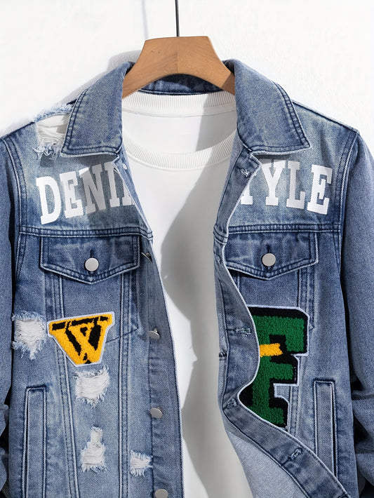 Men'S Streetwear Faux Denim Jacket with Distressed Details & Graphic Print - Washed Blue Faux Denim, Regular Fit Casual Outerwear for Spring/Fall, Daily Wear & Leisure Outings, Fall Fashion, Urban Style, Premium Stitching, Statement Piece, Young Adults