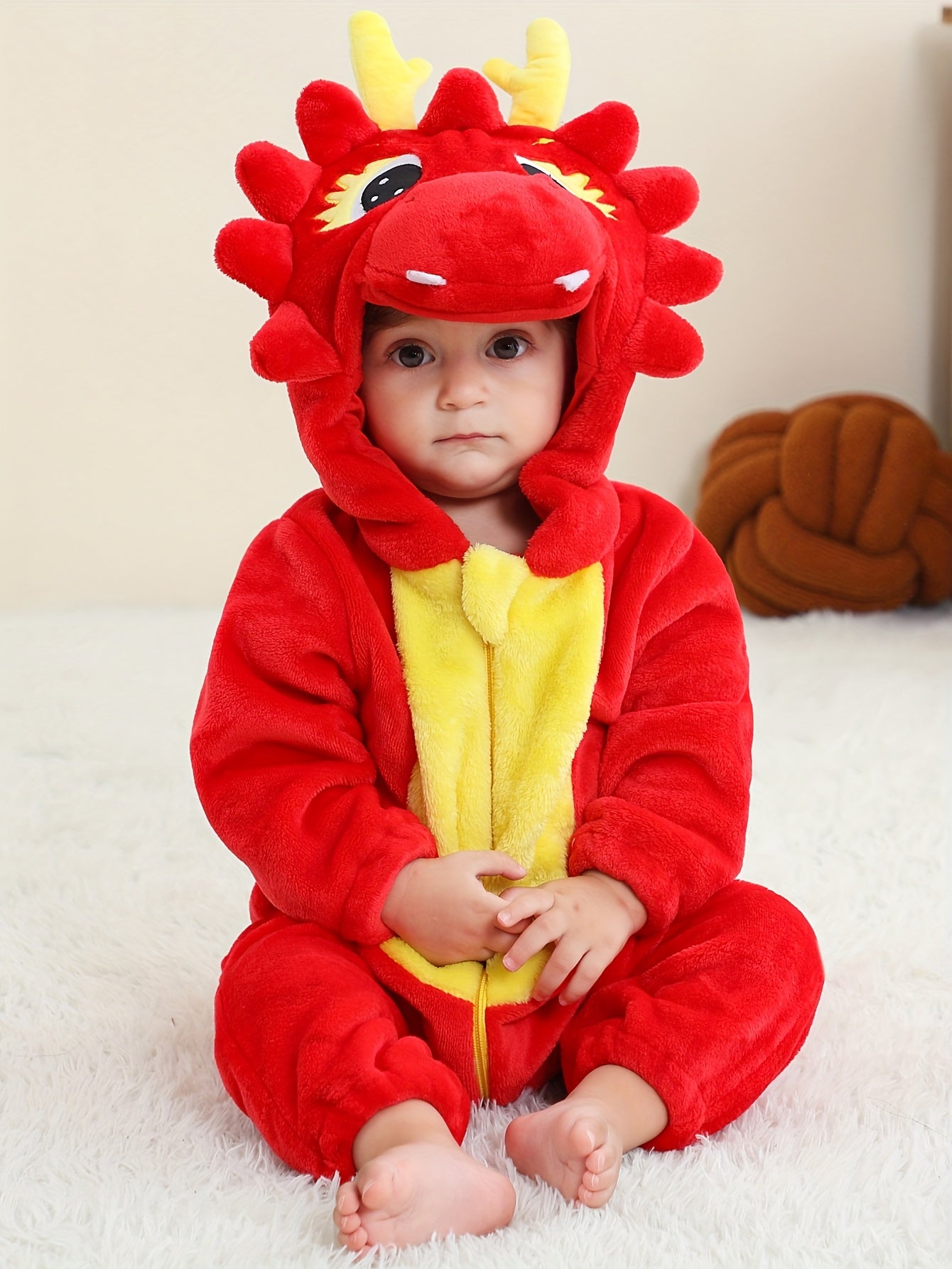 Children's Red Dragon Bodysuit, Halloween Outfit, Autumn/Winter Flannel Hooded Romper, Perfect for Outdoor