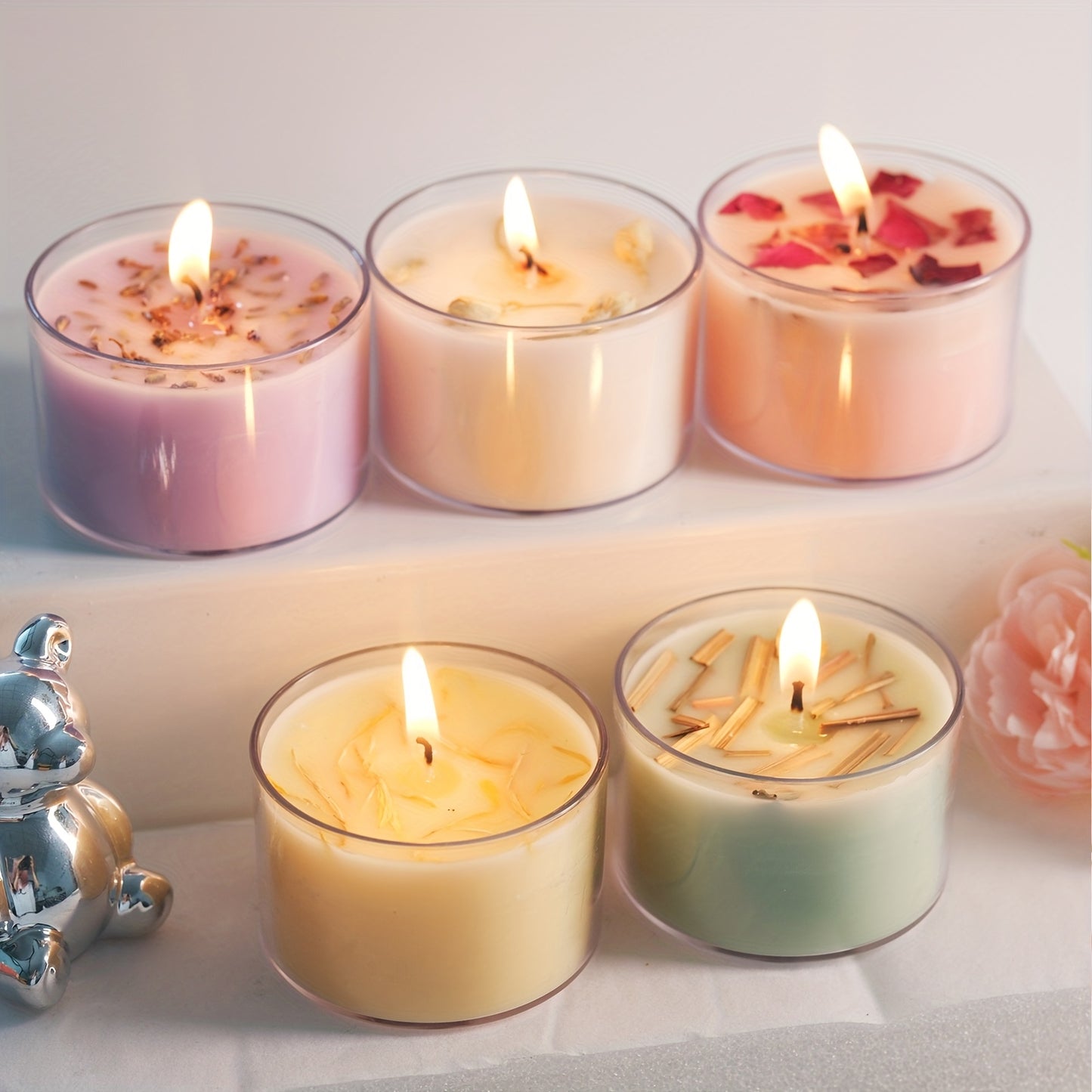 1pc Luxury Scented Candle Collection | 70g/2.47oz in Clear Plastic Jar | Features 5 Aromas: Lemongrass, Gardenia, Lavender, Vanilla, Rose | 3.8cm Elegant Height | Long-Lasting 10h Burn | Ideal Gift Set with Protective Wrap